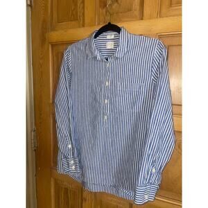 JOAN VASS Linen Cotton Blend Blue And White Striped 1/2 Button Up Blouse‎ Size M